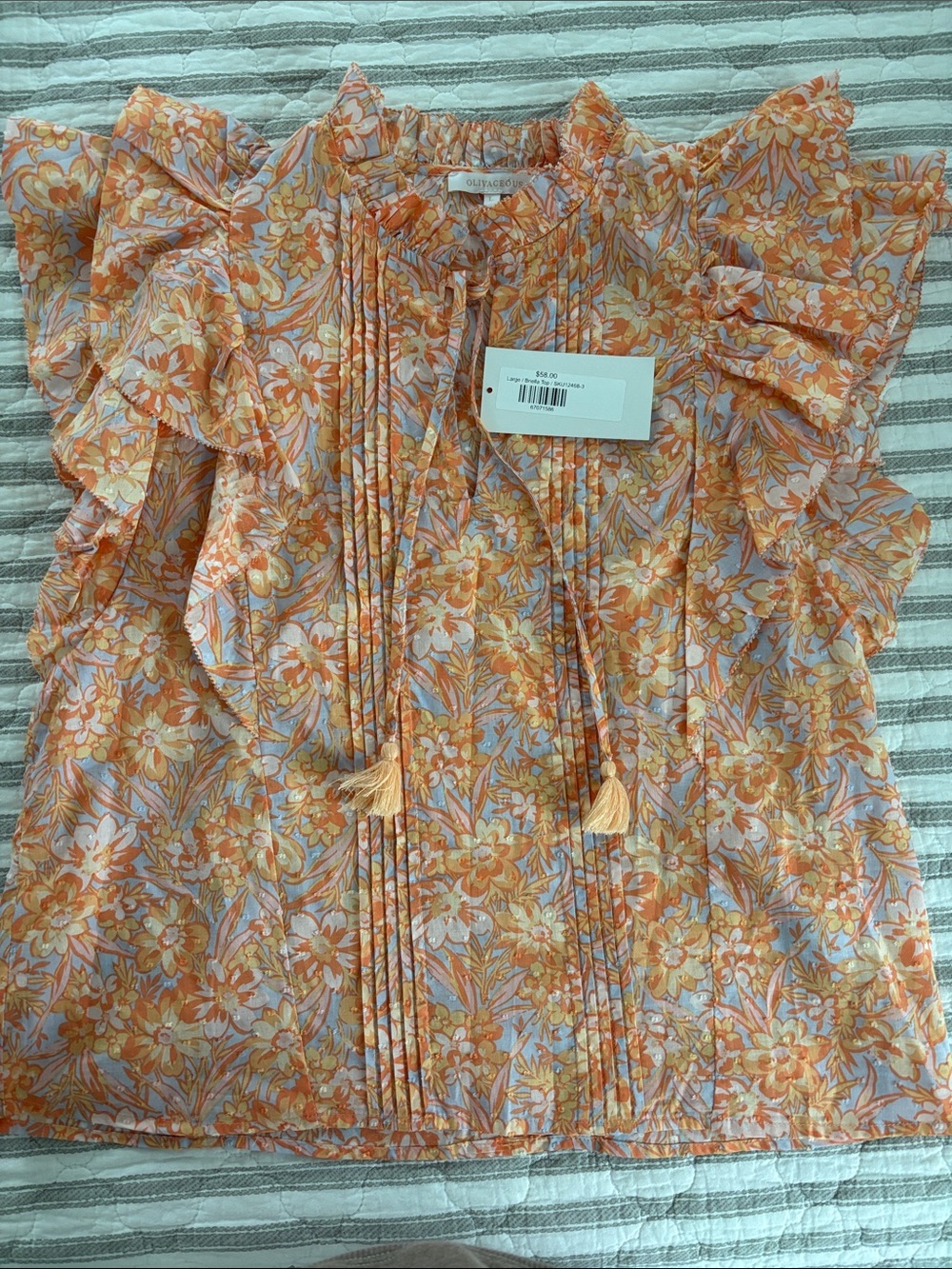 NWT but not attached Olivaceous Orange Floral Ruffle Tie-Front Blouse